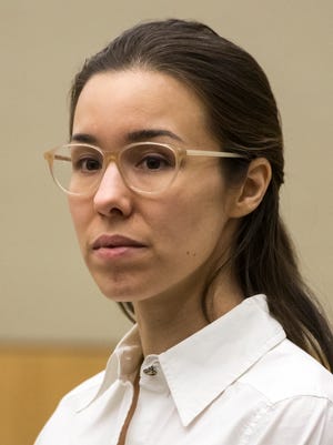 Jodi Arias looks at the jury entering courtroom during the sentencing phase of her retrial at Maricopa County Superior Court in Phoenix on Nov. 3, 2014.