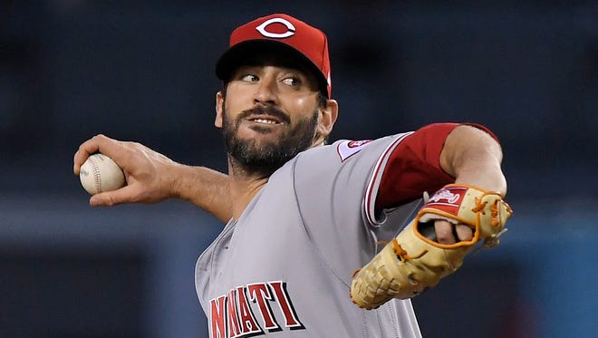 Cincinnati Reds starting pitcher Matt Harvey throws during the first inning of the team's game against the Los Angeles Dodgers on Friday, May 11, 2018, in Los Angeles, his first game as a Red.