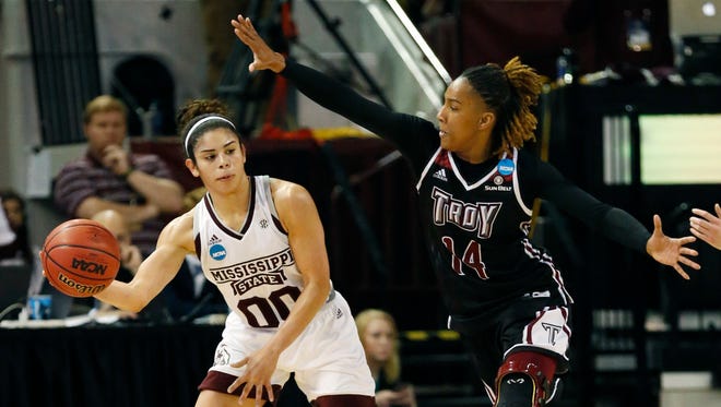 Troy guard Claresa Banks (14) closes in on Mississippi State guard Dominique Dillingham (00) during the second half of a first-round game in the women's NCAA college basketball tournament in Starkville, Miss., Friday, March 17, 2017. Mississippi State won 110-69. (AP Photo/Rogelio V. Solis)