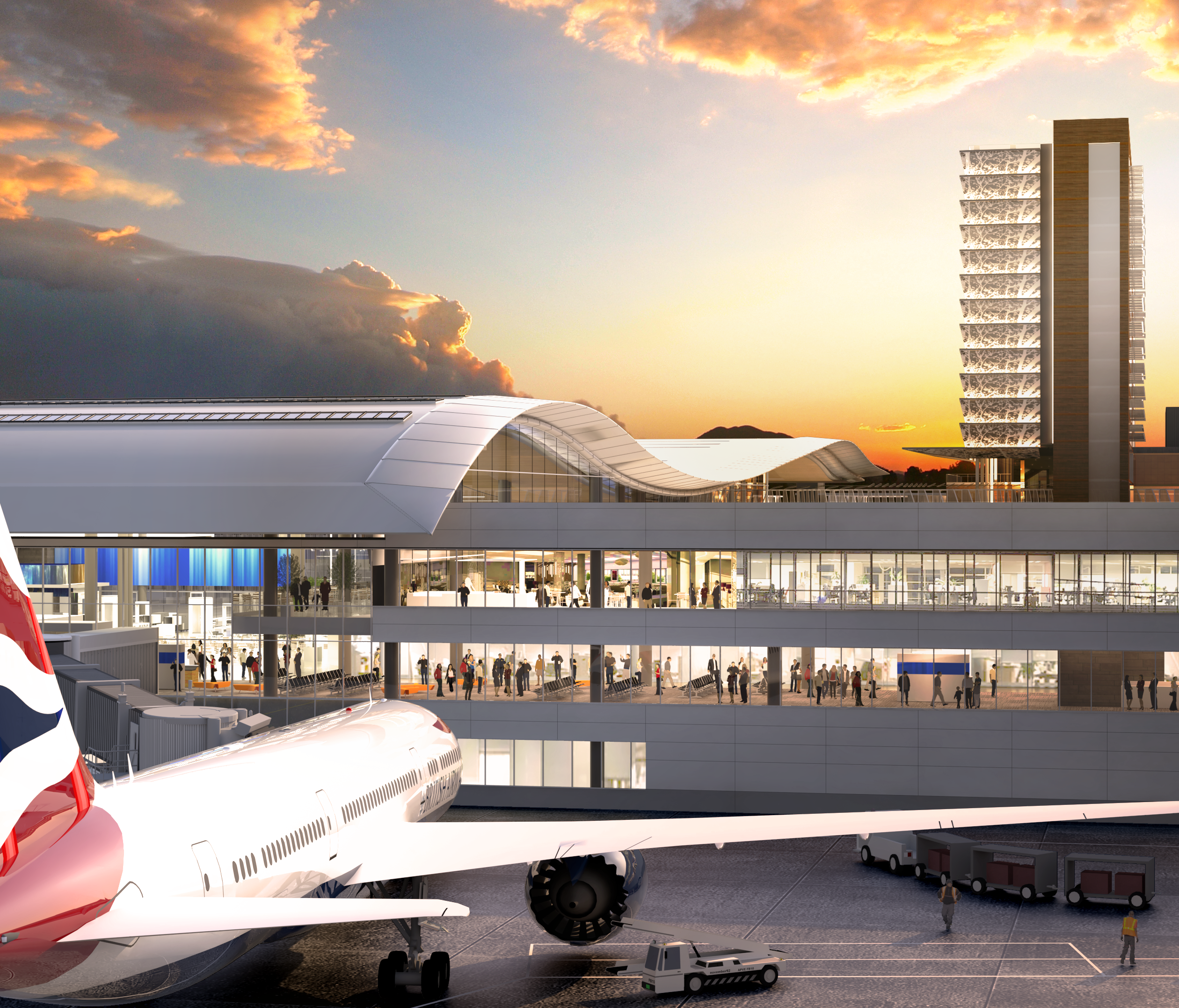 A rendering showing a renovated and expanded Nashville International Airport.