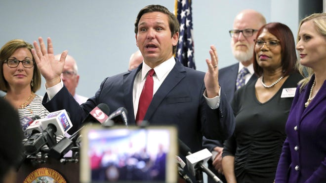 ORLANDO -- Florida Gov. Ron DeSantis answers questions after announcing that Florida will join 29 other states to implement a database to improve voter roll accuracy last year.