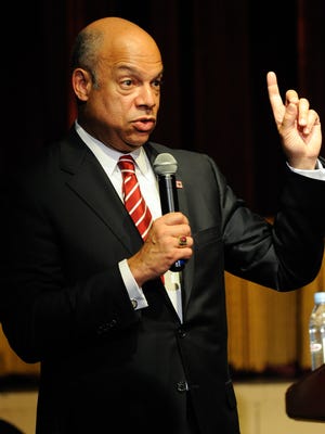 Secretary of Homeland Security Jeh Johnson speaks Wednesday on the Department of Homeland Security’s mission to Wesley College students at the Schwartz Center for the Arts in Dover.