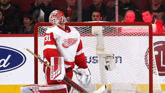 Red Wings goaltender Jared Coreau reacts after allowing a Canadiens goal during the second period at Bell Centre on Monday.