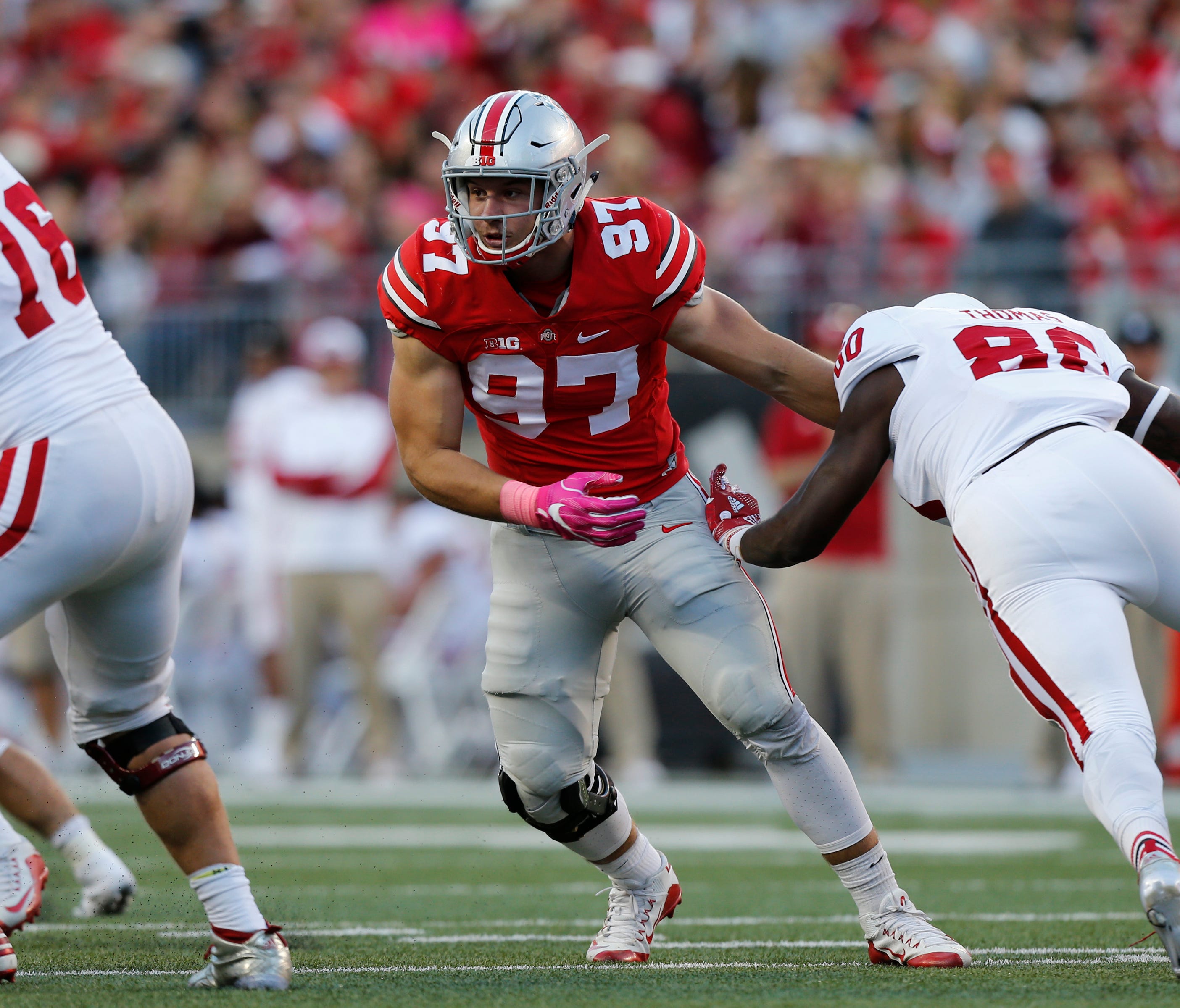 Ohio State defensive end Nick Bosa looks to make a tackle against Indiana in 2016.