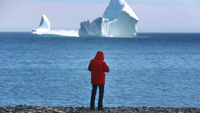 A person looks at an iceberg from the shore in Ferryland, an hour south of St. John's, Newfoundland.