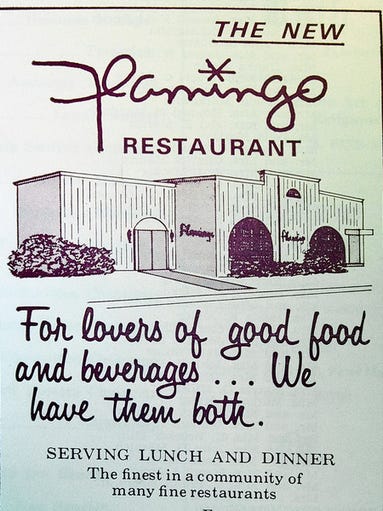 An ad from 1975 for the Flamingo Restaurant that used