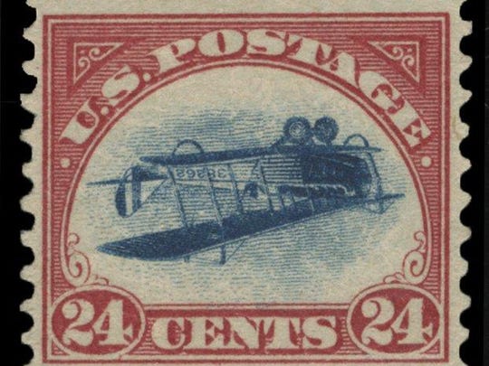 A 1918 “inverted Jenny” stamp. Worth 24 cents when issued, the stamps fetch hundreds of thousands of dollars today.
