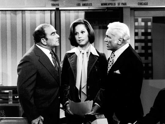 Edward Asner, left, Mary Tyler Moore and Ted Knight
