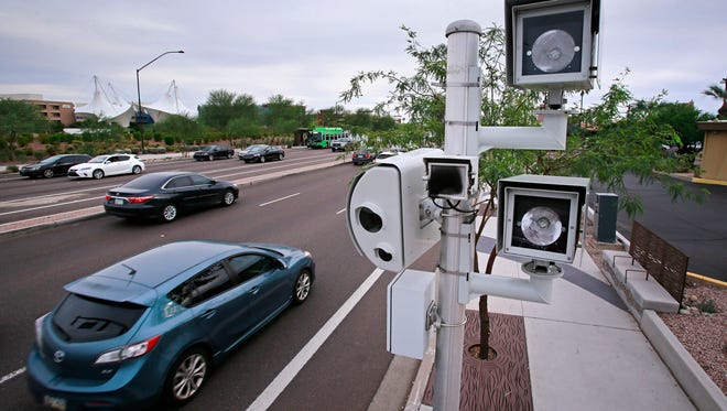 A motorist ticketed for speeding in Brice is asking the Ohio Supreme Court to halt the the Franklin County village's use of traffic-enforcement cameras similar to the one pictured here in Arizona, arguing the hearing process used is the same as the one in Toledo that was found unlawful.