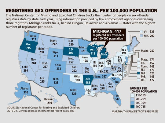 Registered sex offenders in the U.S., per 100,000 population. https