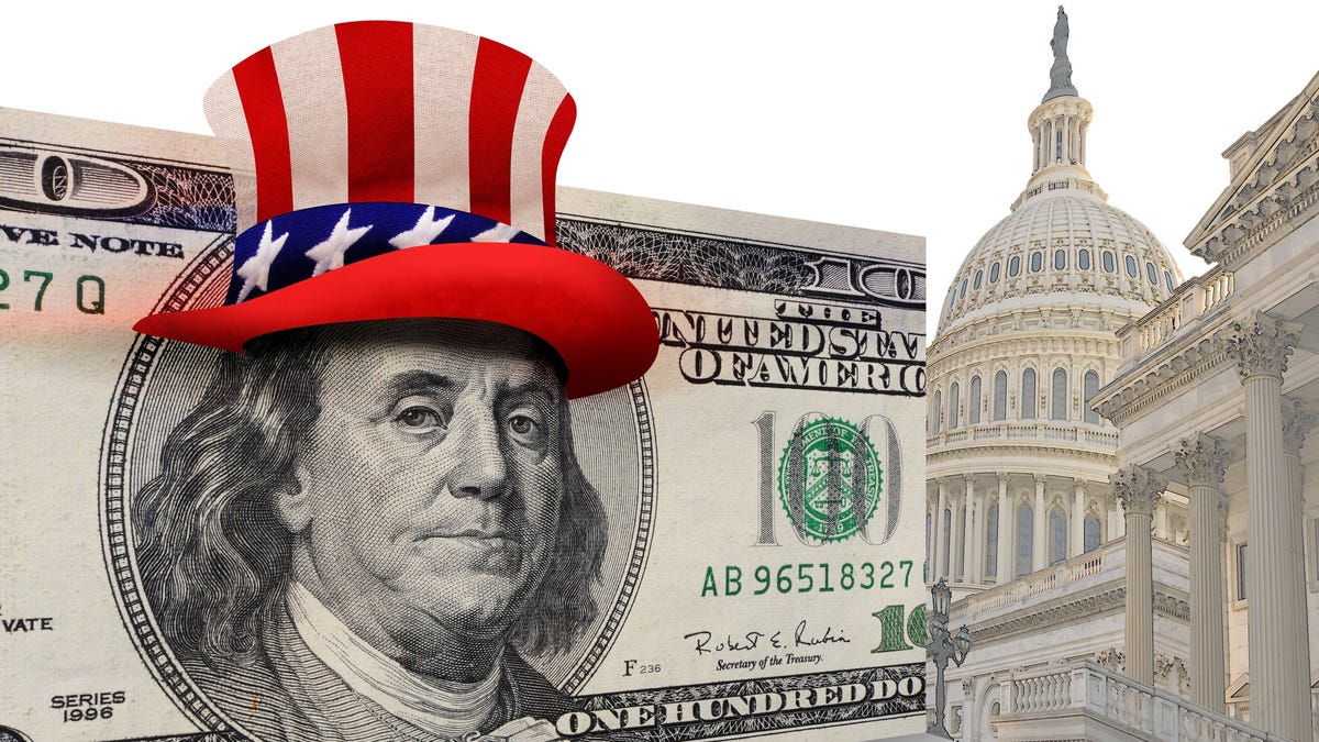A one hundred dollar bill next to the Capitol building, with Ben Franklin wearing Uncle Sam's hat.