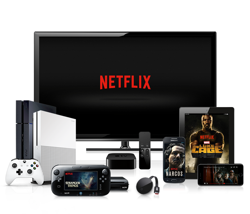 Netflix logo on TV with other devices that support the streaming service.
