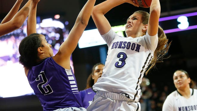 Valley Vista guard Taylor Chavez (3) takes a shot agaisnt Millennium during the 6A Conference state championship at GCU Arena in Phoenix, Ariz., on Feb. 28, 2017.