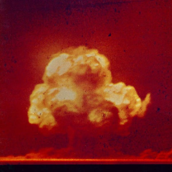 The world's first atomic bomb was detonated on July 16, 1945, in the New Mexico desert. This photograph is the only existing color shot of the Trinity test and was taken by an amateur, Jack Aeby, with his own camera.