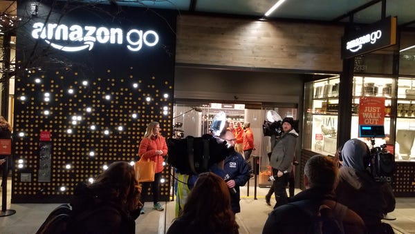 Crowds outside the Amazon Go checkout-free...