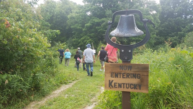 The sign marking the start of the course. Audience members enter "Kentucky" on their mission to help some slaves escape. 

The first public show was performed July 22, and more are planned for July 27, 28 and 29. Daytime shows will be held from 2:30 to 4 p.m. on the 28 and 29. Evening shows are planned for 6:30 to 8 p.m. on July 27 and 28.