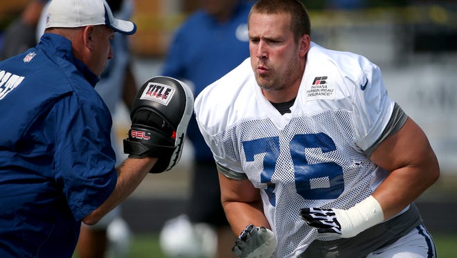 FILE - Joe Reitz was carted off the field with an injury during the Colts-Browns game Sunday.