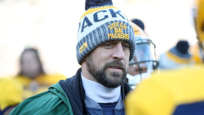 Green Bay Packers quarterback Aaron Rodgers (12) on the sidelines against the Baltimore Ravens Sunday, November 19, 2017 at Lambeau Field in Green Bay, Wis.