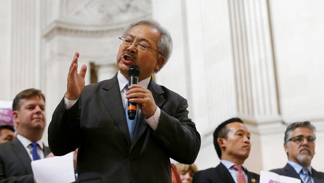 FILE - In this Nov. 14, 2016, file photo, San Francisco Mayor Ed Lee speaks during a meeting at City Hall in San Francisco by city leaders and community activists to reaffirm the city's commitment to being a sanctuary city in response to Donald Trump's support of deportations and other measures against immigrants. The San Francisco Chronicle reported that Lee died early Tuesday, Dec. 12, 2017. He was 65. (AP Photo/Jeff Chiu, File)