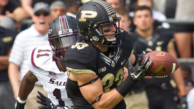 Purdue's Danny Anthrop (33) catches a pass for a long touchdown during an NCAA college football game against Southern Illinois, Saturday, Sept. 20, 2014, in West Lafayette, Ind. Purdue won 35-13. (AP Photo/The Journal & Courier, Michael Heinz ) MANDATORY CREDIT; NO SALES