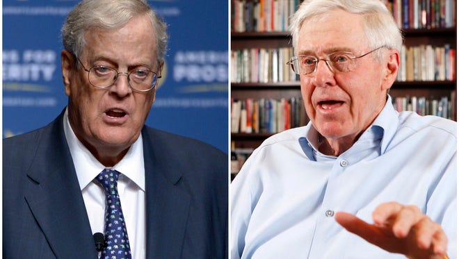 This combination of 2013 and 2012 file photos shows brothers David, left, and Charles Koch.