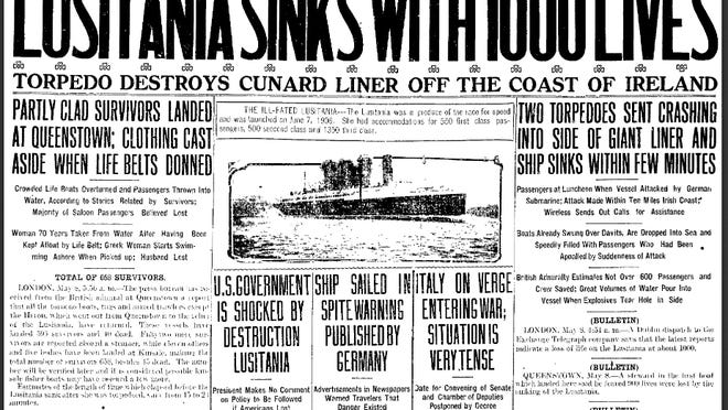 The May 8, 1915 cover of the Nevada State Journal reported the sinking of the ocean liner Lusitania by German U Boats.