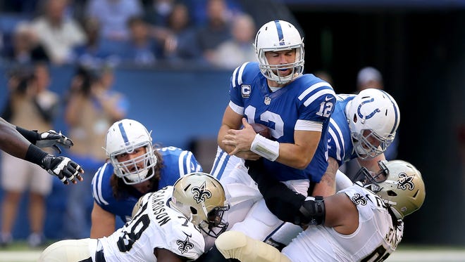 The Colts' offensive line yielded 118 hits on the QB this season, second-most in the league. Andrew Luck took the brunt of the beating.