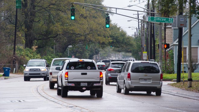 Traffic congestion at the intersection of Moss street and Jefferson Street in Lafayette.