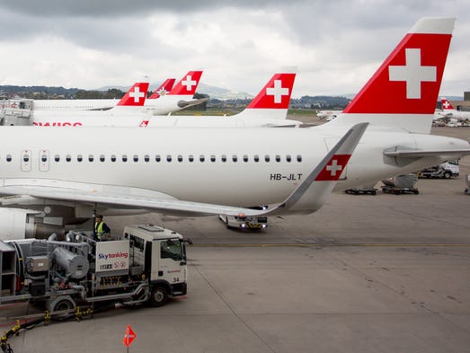 Swiss International Air Lines jets line up for their