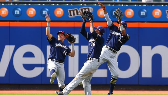 The Milwaukee Brewers react after defeating the Mets at Citi Field.