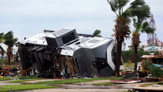 Damage to mobile homes in Port Aransas, Texas, Aug. 26, 2017, following Hurricane Harvey.