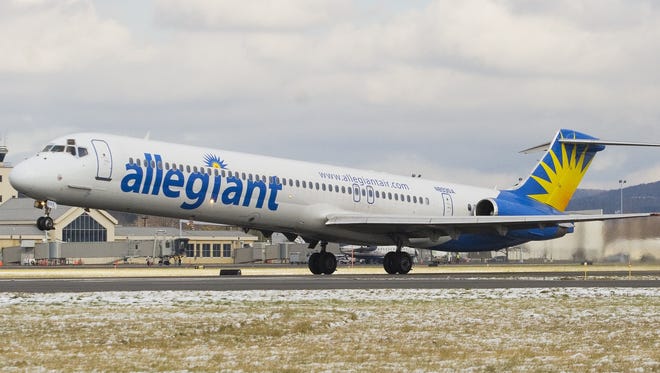 An Allegiant Airlines flight takes off from the Elmira Corning Regional Airport.