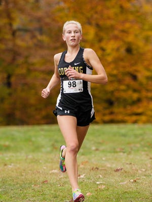 Jessica Lawson runs to first place in the girls Class A race at the Section 4 championship meet Nov. 3 at Chenango Valley State Park.