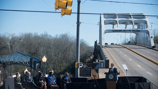 President Barack Obama speaks on the 50th anniversary of Bloody Sunday at the foot of the Edmund Pettus Bridge in Selma, Ala., on Saturday, March 7, 2015.