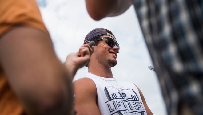 Trace McSorley talks to the media before the start of Penn State Football's 14th annual Lift for Life on Saturday July 16, 2016 at Penn State University.