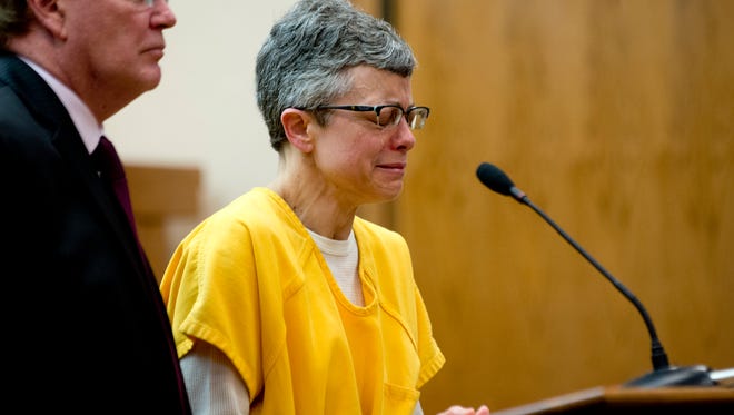 Carol Boak cries during her sentencing on Monday, May 1, 2017 at the 29th Circuit Court in St. Johns. Boak had pleaded guilty to three felony charges related to child pornography.