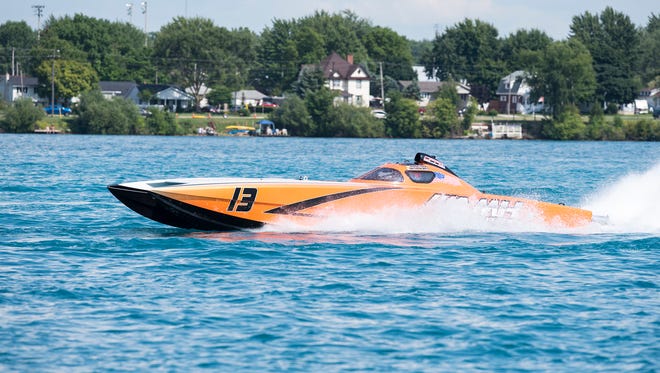 The AMH Motorsports boat does an orientation lap before the start of the Super Cat races Sunday, July 29, 2018 during the St. Clair River Classic Offshore Powerboat races.