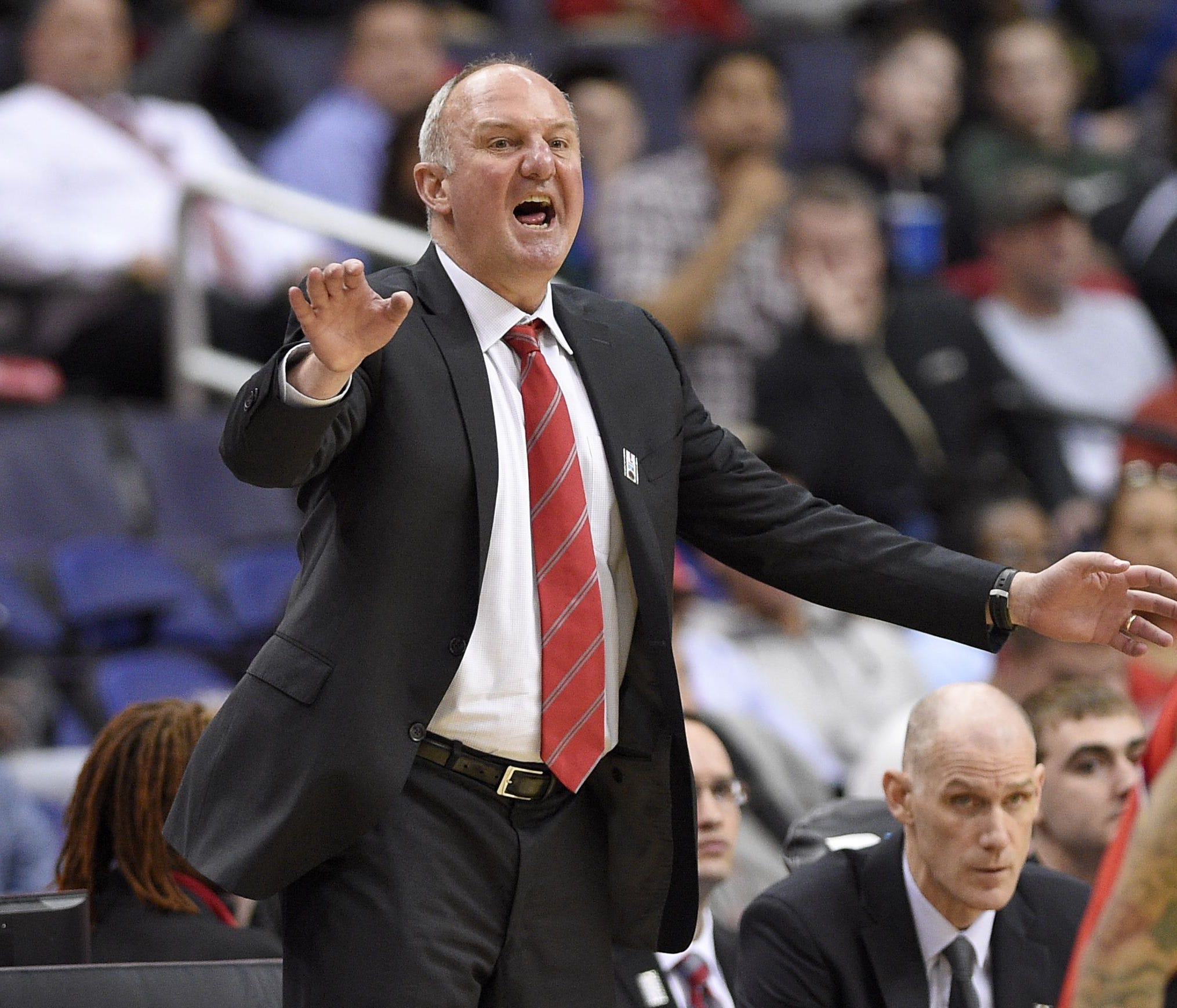 Ohio State head coach Thad Matta gestures during the second half of an NCAA college basketball game in the Big Ten tournament against Rutgers, Wednesday, March 8, 2017, in Washington. Rutgers won 66-57. (AP Photo/Nick Wass)