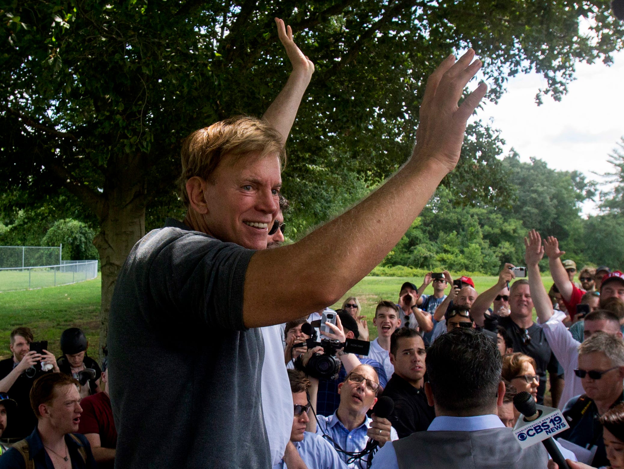 Former Louisiana state representative David Duke arrives to give remarks after a white nationalist protest was declared an unlawful assembly, Saturday, Aug. 12, 2017, in Charlottesville, Va.