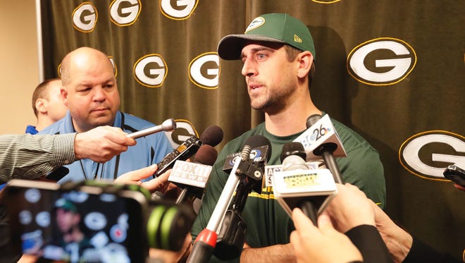 Green Bay Packers quarterback Aaron Rodgers speaks to members of the media at Lambeau Field on Tuesday, April 18, 2017.
