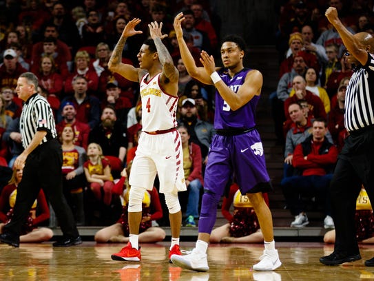 Iowa State senior guard Donovan Jackson (4) reacts