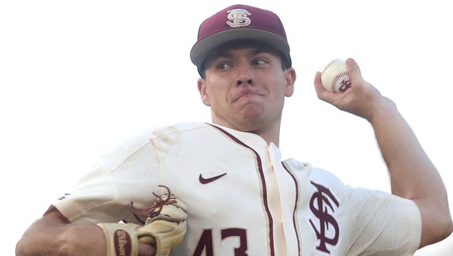 FSU’s Drew Parrish pitches during the Seminole's 12-2 win over Mount St. Mary’s at Dick Howser Stadium on Friday, May 11, 2018.
