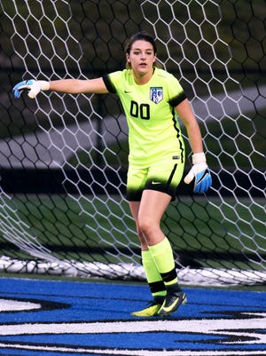 Zanesville goalie Kenzie Newsom calls out instruction during the Lady Devils' win against Cambridge on Monday at John D. Sulsberger Memorial Stadium. A four-year starter, has allowed only three goals this season.