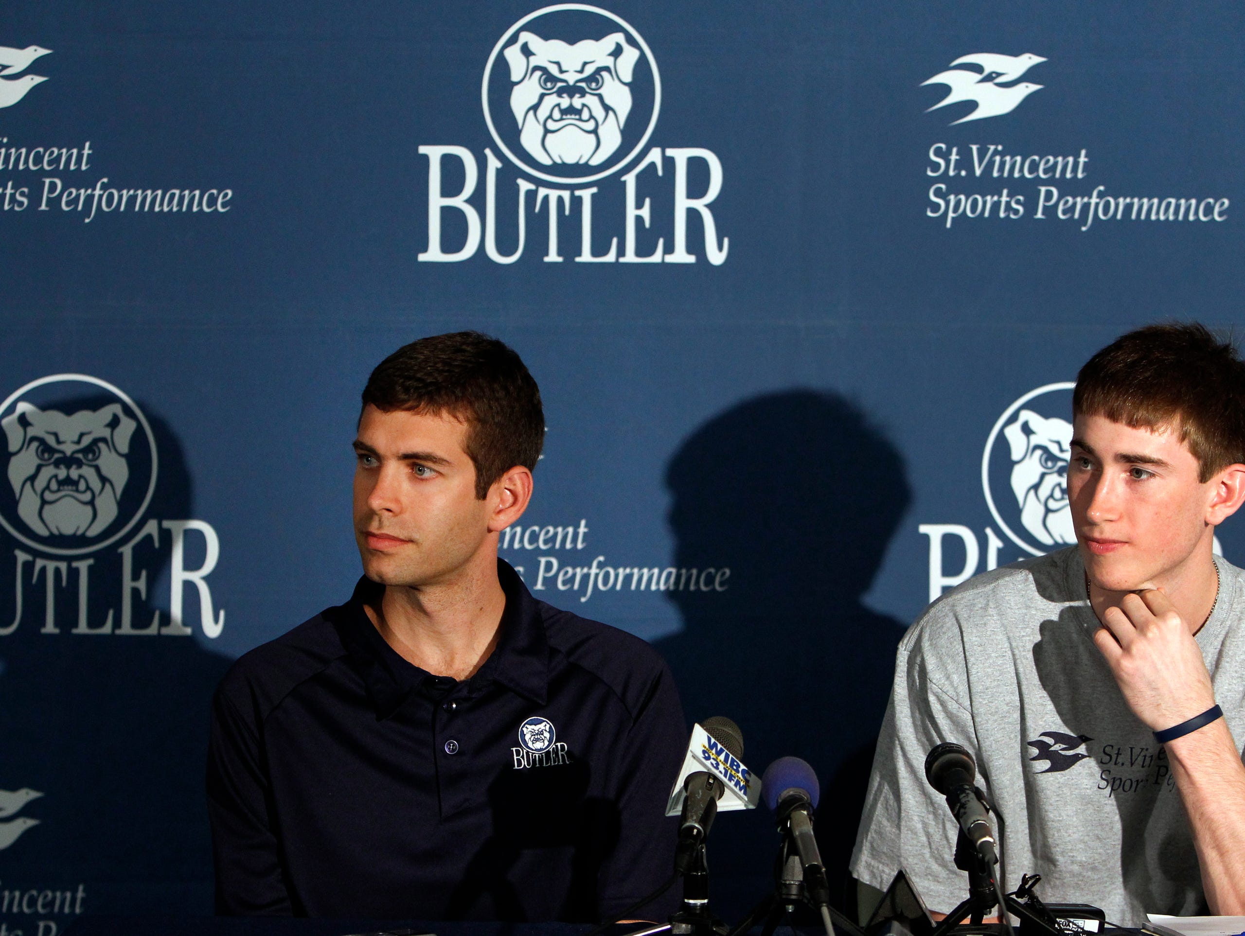 Butler basketball player Gordon Hayward made his NBA plans official Friday, May 7, 2010 at Hinkle Fieldhouse in Indianapolis, IN, announcing that he's staying in the NBA draft. Joining Hayward at the announcement was Butler head coach Brad Stevens. (Sam Riche / The Indianapolis Star)