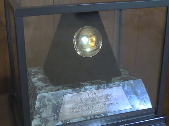 Gene Bacque's Sawamura Award is displayed at his home