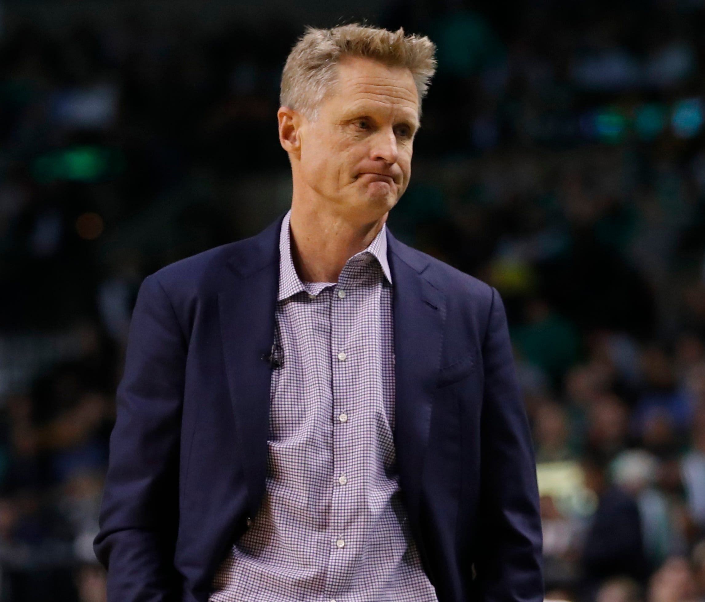 Golden State Warriors head coach Steve Kerr watches from the sideline as they take on the Boston Celtics in the second half at TD Garden.