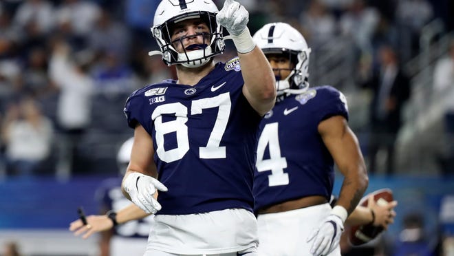 Penn State tight end Pat Freiermuth reacts after scoring a two-point conversion. The Jaguars are expected to consider selecting a tight end at some point during the NFL Draft.