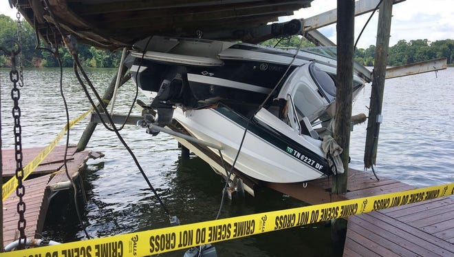 The boater who crashed this boat on top of the other was charged for boating while intoxicated by the Tennessee Wildlife Recources Agency.