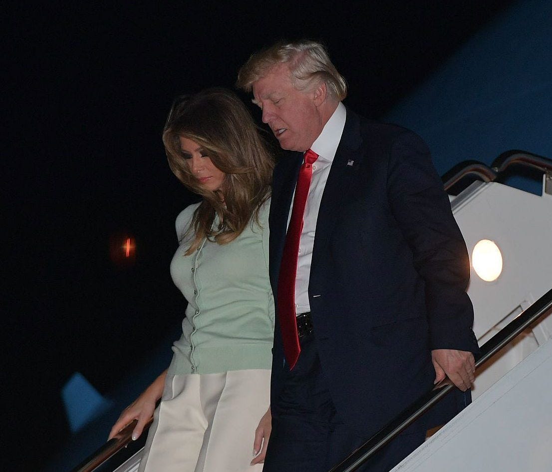 President Trump and wife Melania step off Air Force One May 27, 2017 at Andrews Air Force Base in Maryland following his nine-day foreign trip, on which he was described as 