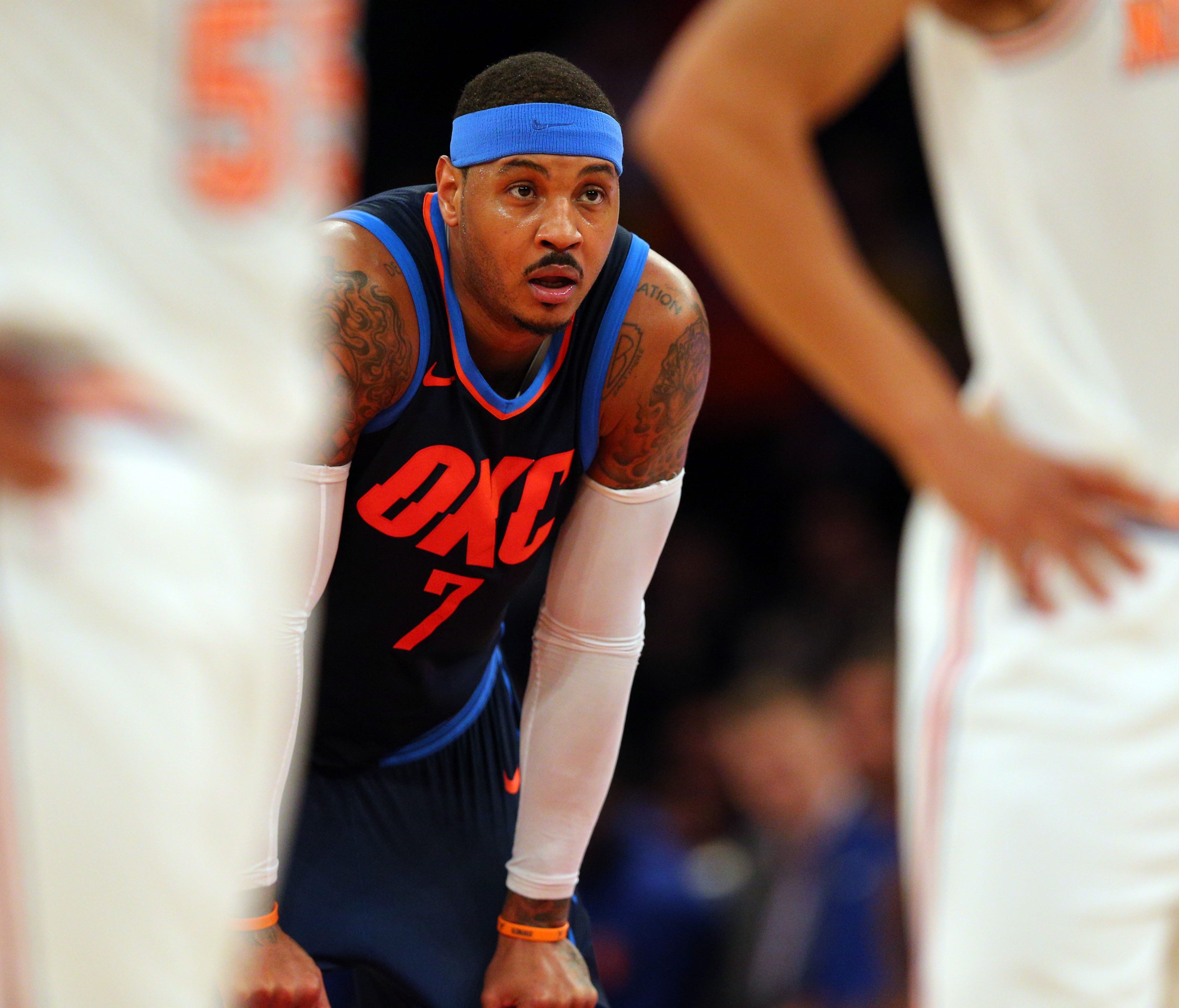 Carmelo Anthony looks on during the second quarter against the New York Knicks at Madison Square Garden.